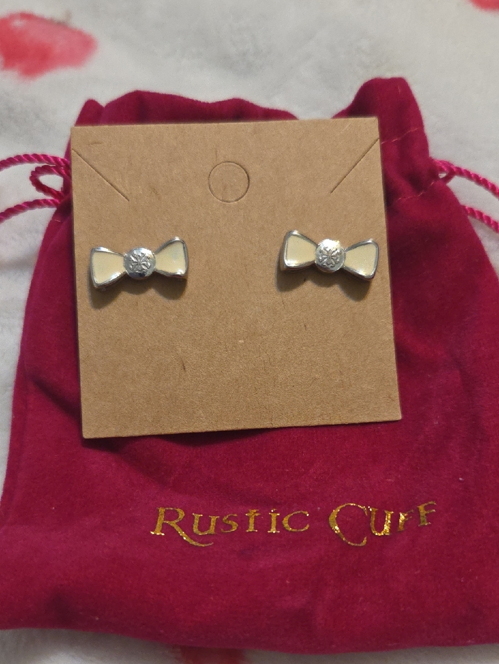 Rustic Cuff Cream and Silver Bow Stud Earrings